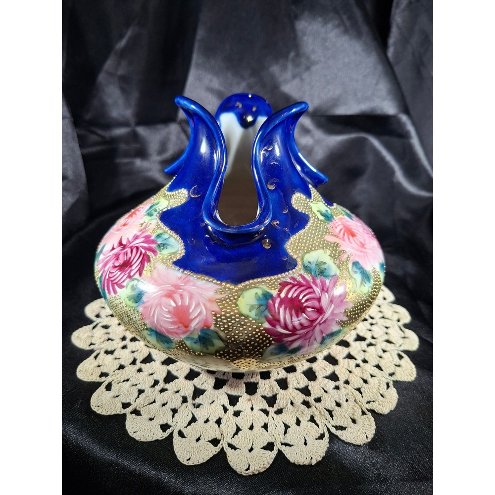 Vintage Hand Painted Porcelain Floral Vase Cobalt Blue Ruffled Rim Gold Moriage